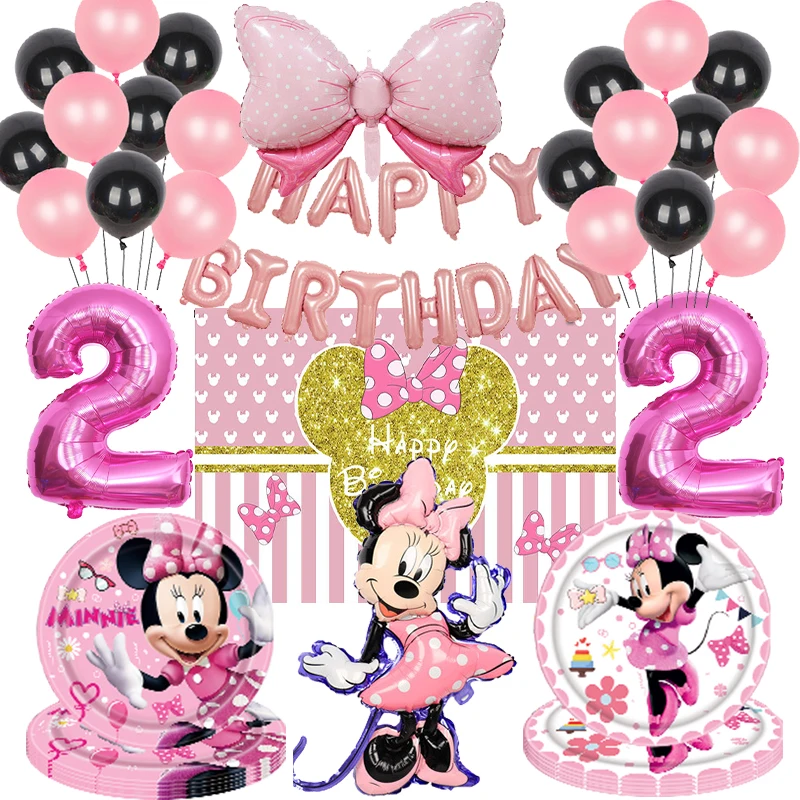 Disney Minnie Mouse Decorazione festa di compleanno Rosa Minnie Stoviglie Bicchiere di carta Piatto Tovaglia Palloncino Forniture Regalo Baby Shower