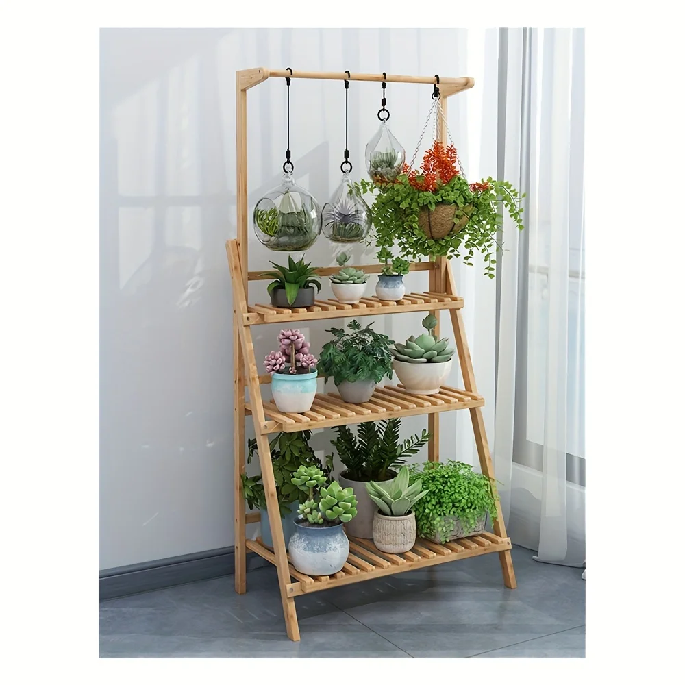 

Folding Plant Organizer with Three Levels for Hanging Pots, Ideal for Displaying Flowers And Storing Items