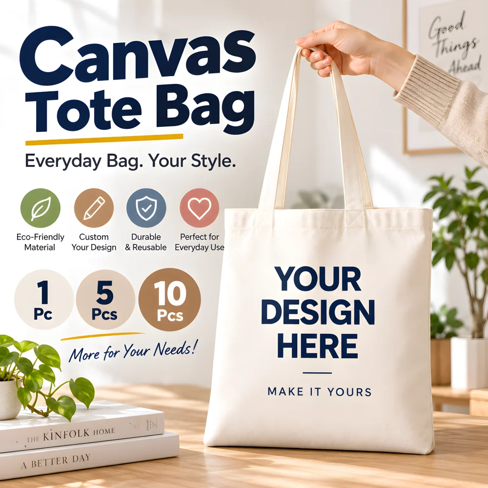 Custom Photo Blank Canvas Tote Bag, Reusable DIY Your Design Tote Bag, Eco‑Friendly Shoulder Bag for Daily Shopping Travel Use