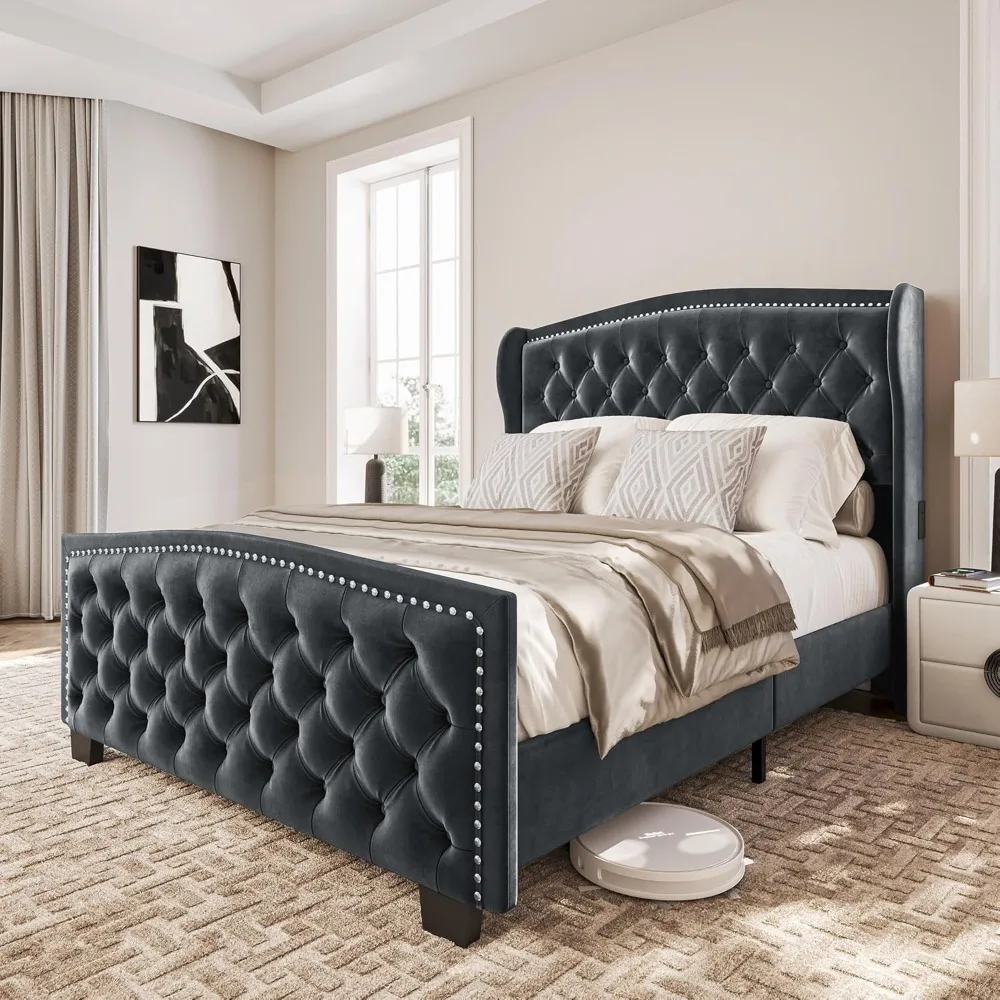 Queen Headboard Bed Frame,with Fast Charging Port, with Handmade Button Tufted Headboard, Upholstered Platform Bed Frame