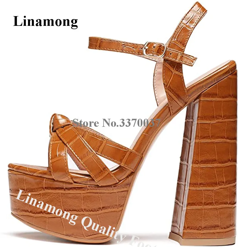 

Brown Crocodile Pattern Leather Chunky Heel Sandals Linamong Newest High Platform Block Heel Dress Shoes Sexy Club Heels