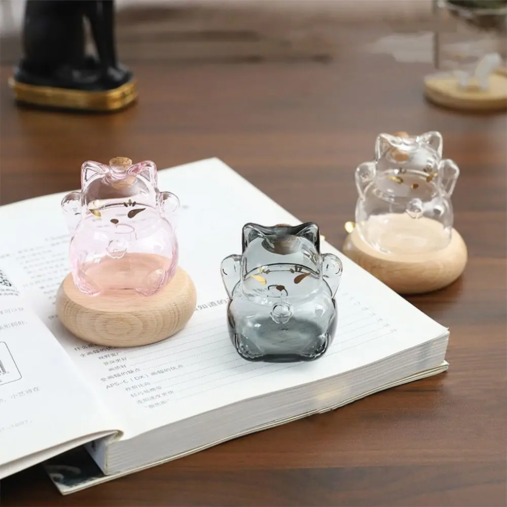 

Cute Cat Shape Saving Jar Clear Glass Lucky Cat Glass Coin Bank with Wooden Base Decorative Gold Bean Container
