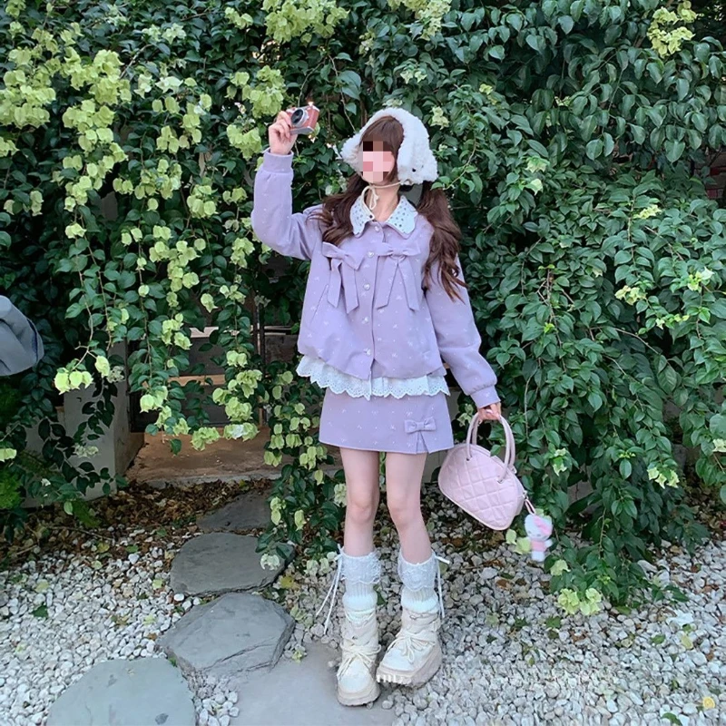 

Sweet Purple Lolita Set Kawaii Corduroy Splicing Bow Short Coat A-shaped Skirt 2-piece Set Japanese Girl Style Daily Versatile
