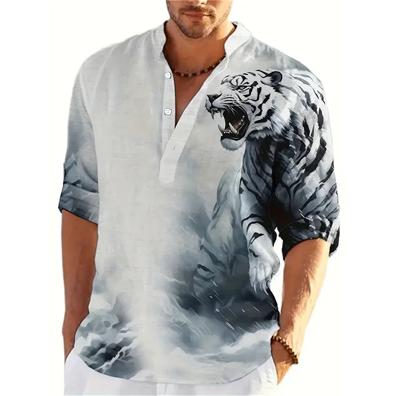 

Animal Tiger 3D Printed Henley Shirts Men's Fashion Streetwear Oversized Stand Collar Long Sleeve Shirt Tops Blouse Man Clothing