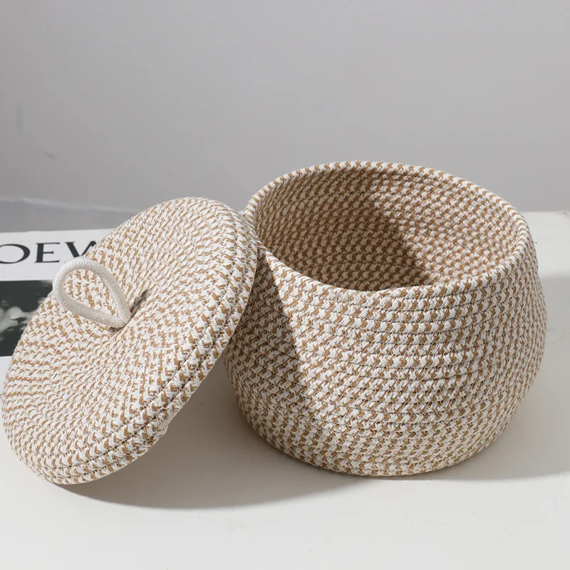 New round storage basket cotton rope with cover storage box snack basket egg basket sundries finishing basket