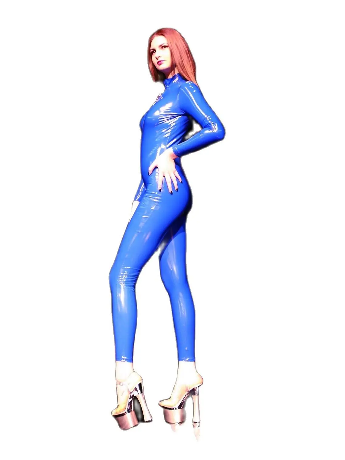 Woman Jumpsuit Faux Leather Bodysuit Motorcycle Tights Imitate Latex Leotard Long Sleeve Zipper Open Crotch Catsuit Stage Zentai