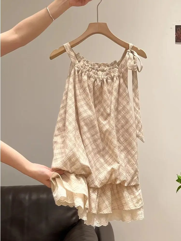 

plus Size 300 Pounds Fat MM Lace Trim Plaid Strap Vest Women's Fashionable Sleeveless Top Summer 2 Korean Style Loose Fit