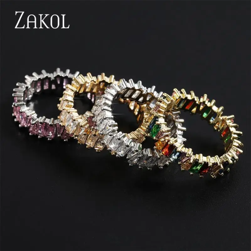 ZAKOL Fashion Pink Baguette Women's Rings Shiny T Shape Crystal Men Ring Punk Party Jewelry