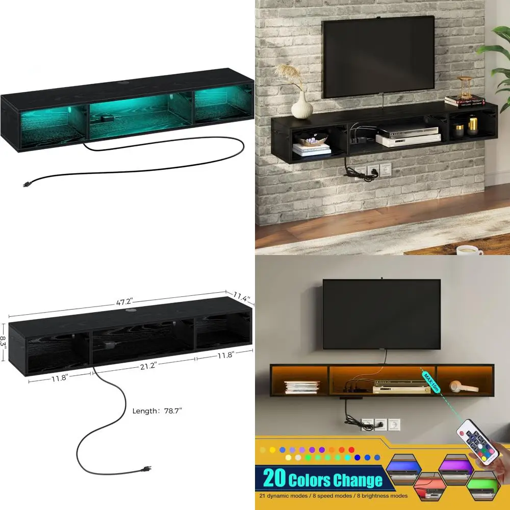 Floating TV Stand with RGB Lighting, Wall Mounted Media Console, 47.2 Black TV Shelf with Power Outlet, Stylish Entertainment Ce