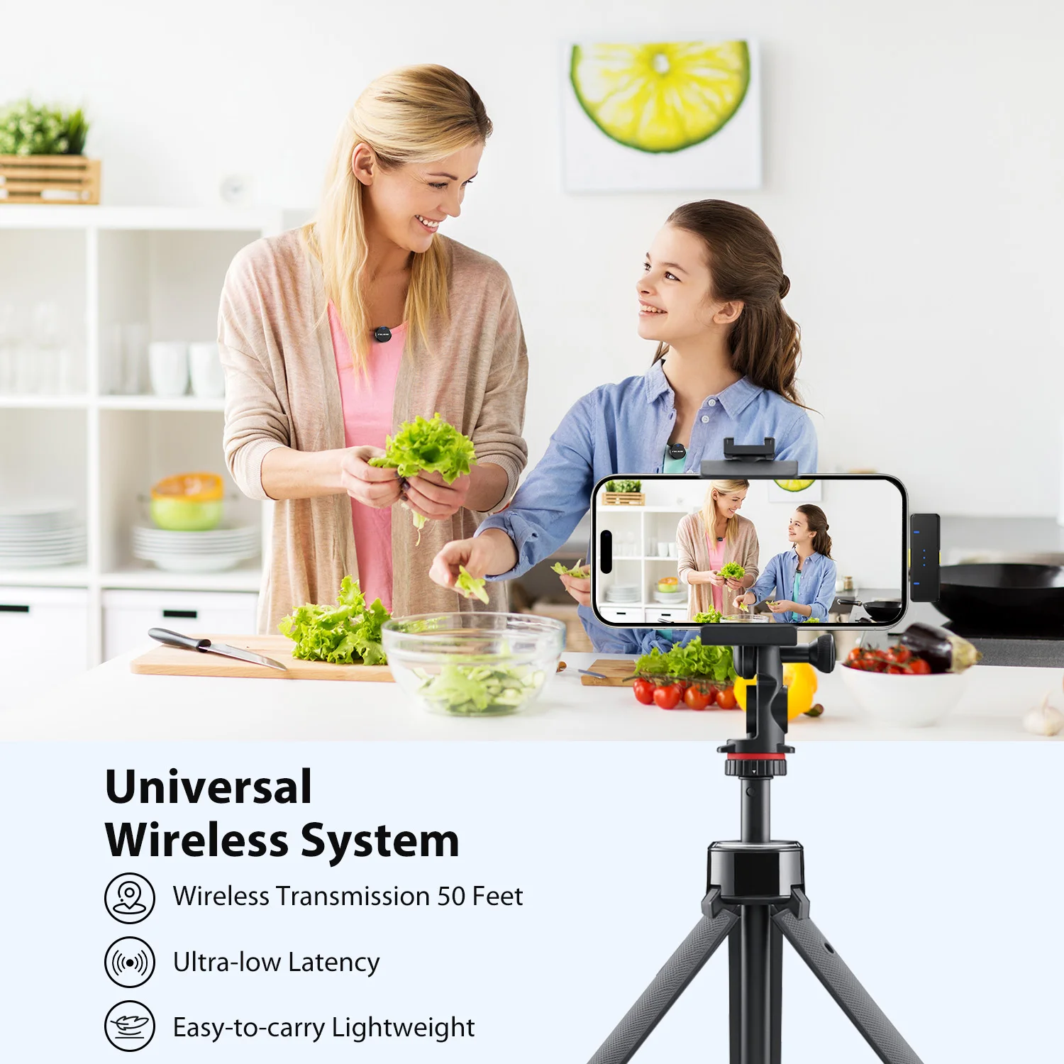 Fullaim 2.4G ไมโครโฟนไร้สายแบบหนีบบนโทรศัพท์ไมค์รอบทิศทางมินิลาวาเลียร์ไมค์ส่ง200เมตรสำหรับ iPhone 15/ 14/13/12/11