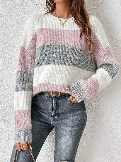 New Women's Long Sleeved Sweater Color Block Stripes Thick and Warm Round Neck Drop Shoulder Casual Loose Pullover Fashion