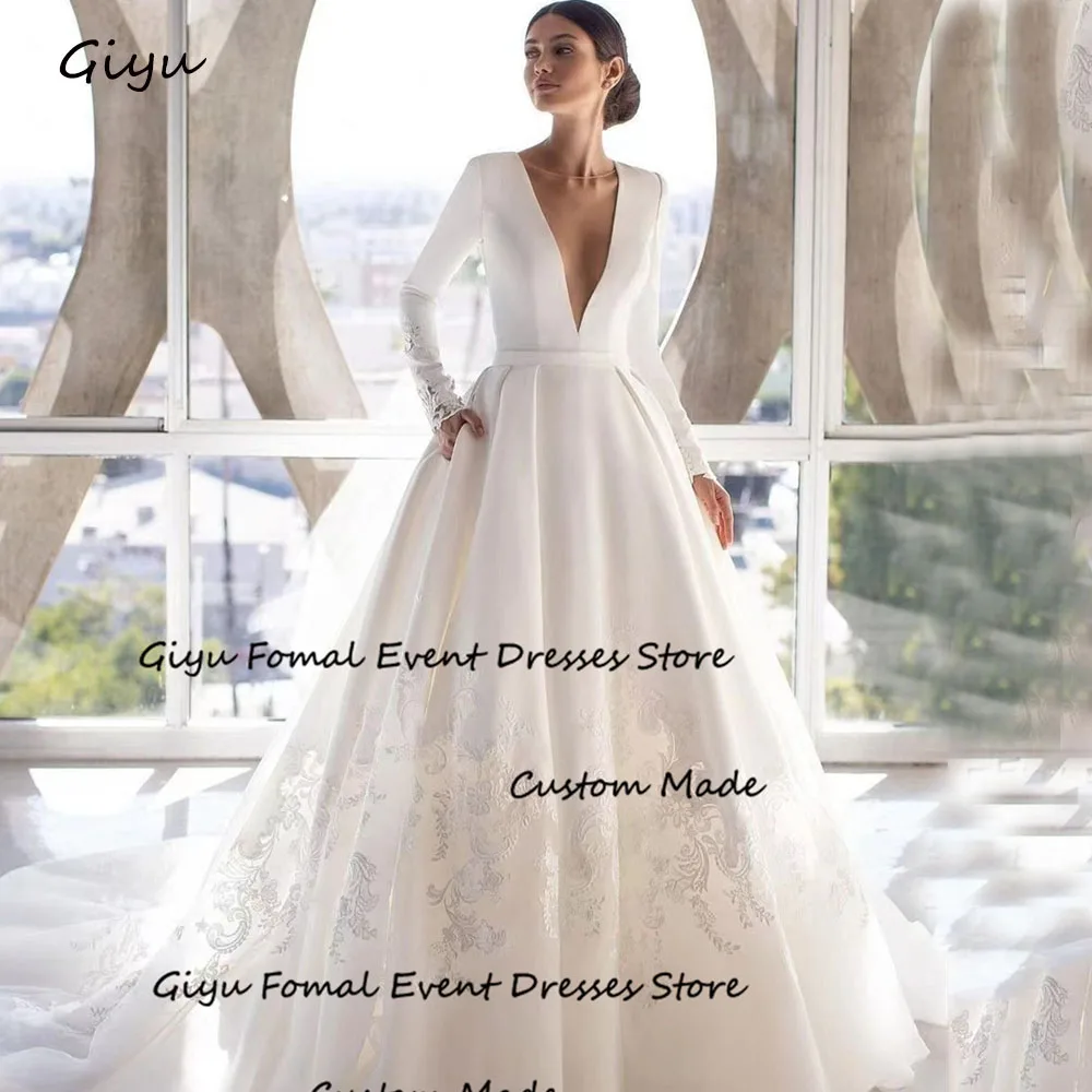 Giyu Elegant A-Line Wedding Dress For Woman Deep Lace Followers V-Neck Floor-Length Vestidos Novias Boda Bridal Gown