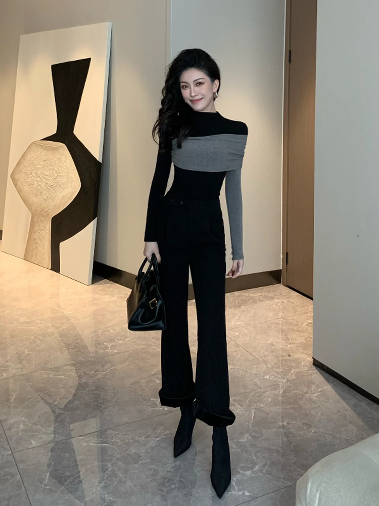 

Ele Faionable Casual Pants Women Slimming High Waist Straight Leg Long Pants Luxury Sensation Unique Design Home Wear