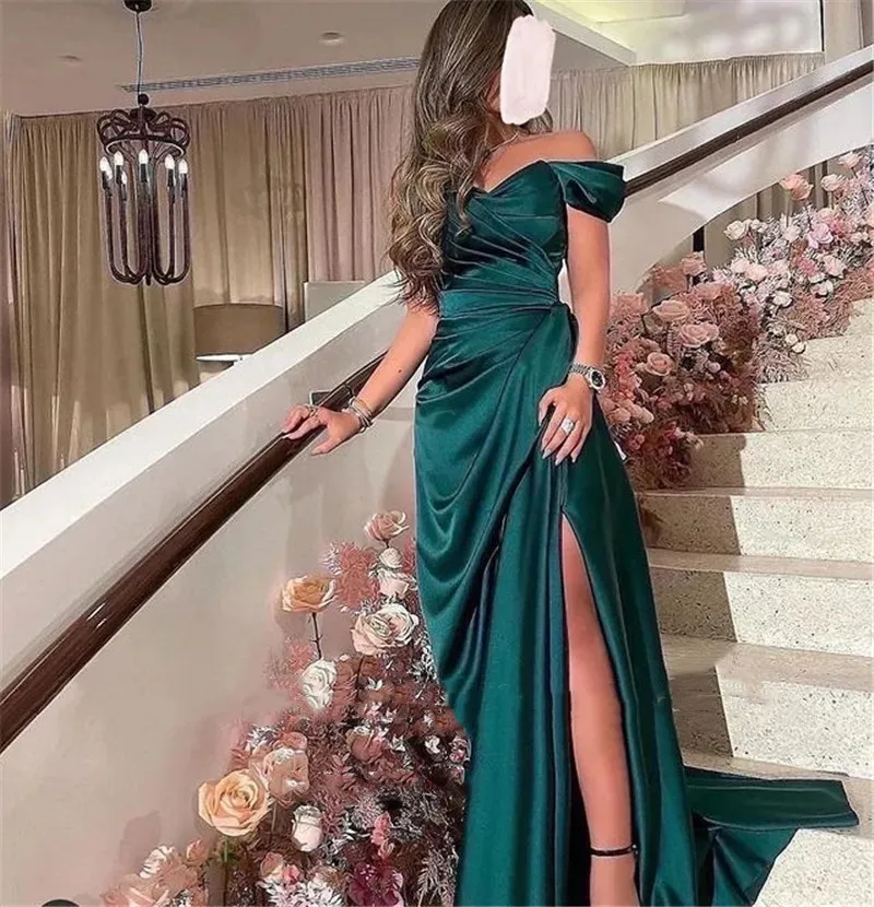 

Flora Dress Deep Green Satin Long Sweetheart Evening Dresses Off the Shoulder Pleats Side Slit Formal Prom Dress Robe de soiree