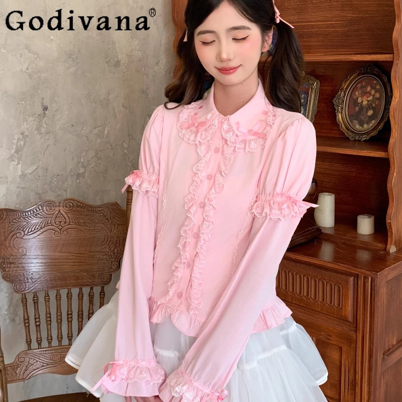 

Внутренняя одежда в стиле Лолиты, милые блузки с кукольным воротником, женская базовая рубашка с бантом и длинными рукавами, женский осенне-зимний сладкий топ в японском стиле