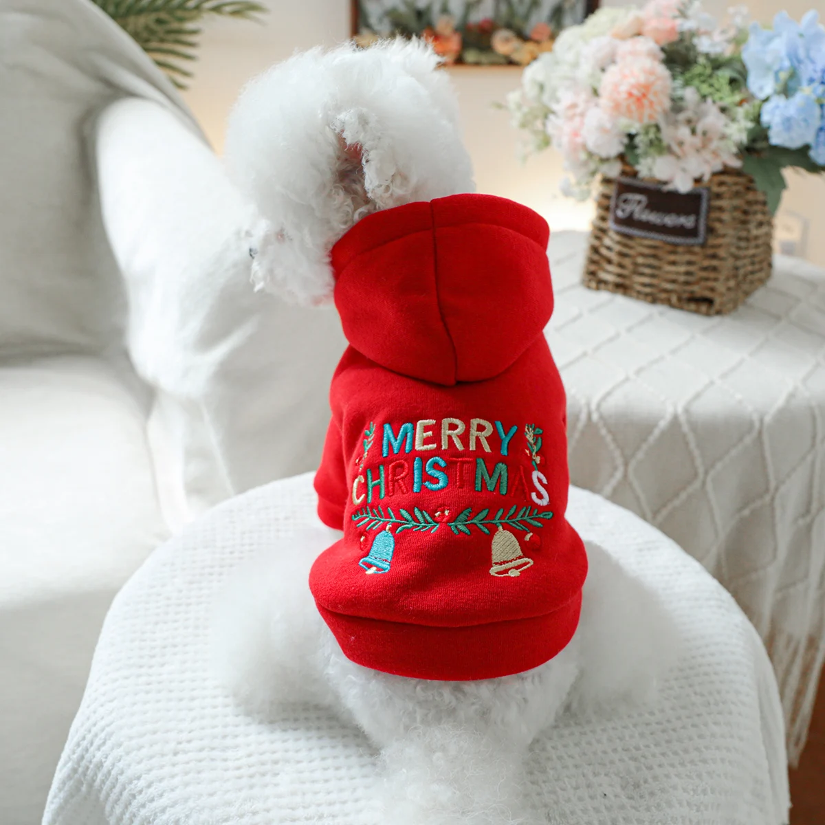 1PC Pet Clothing Christmas Bell Hooded Hoodie Red Spring and Autumn Hoodie Coat Suitable for Small and Medium sized Dogs