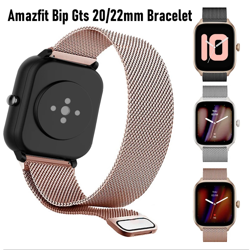 Pulseira de metal milanesa magnética para Amazfit Bip, pulseira para GTS, 2, 2e, 4, GTS2 Mini, 3, GTR 4, 3, 2, 47mm, 20mm, 22mm