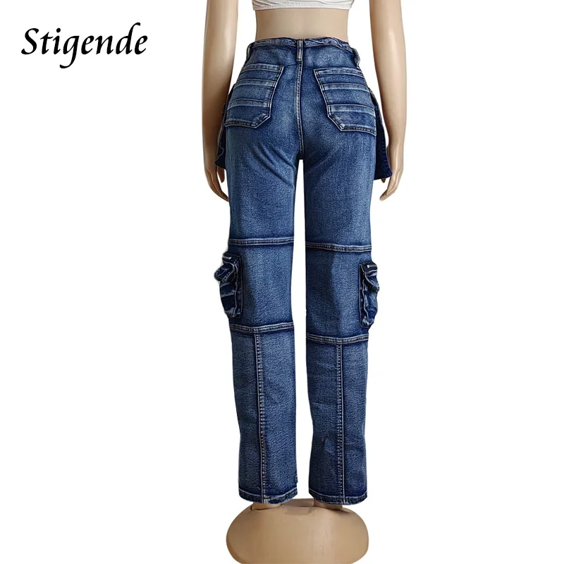 Stigende Wide Leg Multiple Pockets Jeans Women Cargo Denim Pants Y2k Streetwear Patchwork Stretch Straight Jeans