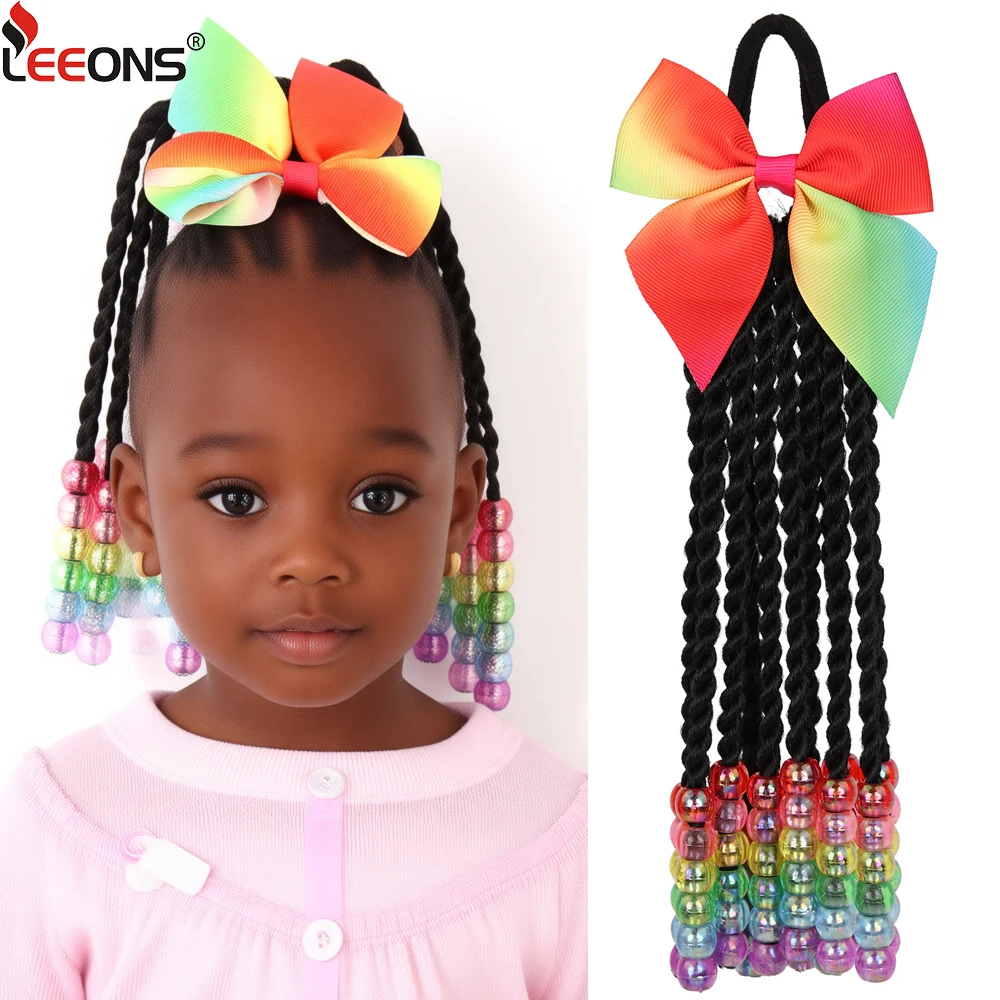 وصلات شعر على شكل ذيل حصان للأطفال مع ضفائر خرز وصلات شعر صناعية للأطفال مع أقواس تصفيفة شعر عصرية للفتيات