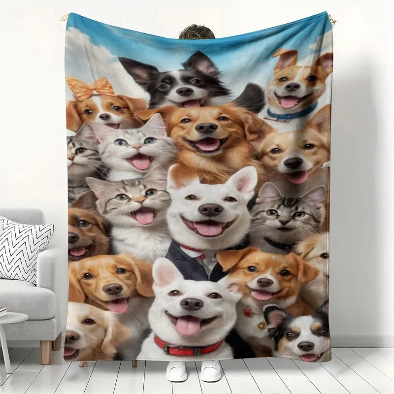 

Cute Dogs Cats Pattern Flannel Blanket for All Seasons Ideal for Living Room Office Sofa and Travel
