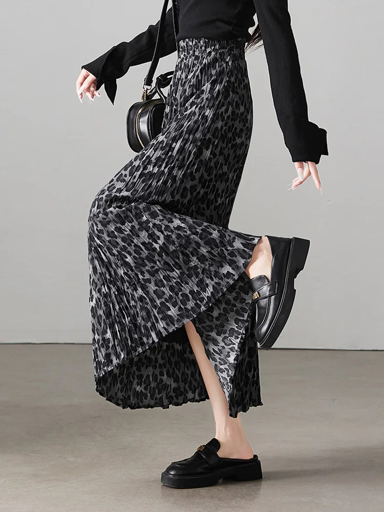 

Художественная плиссированная юбка с леопардовым принтом и высокой талией, расклешенная утягивающая юбка трапециевидной формы для осеннего сезона, универсальное полиэфирное волокно