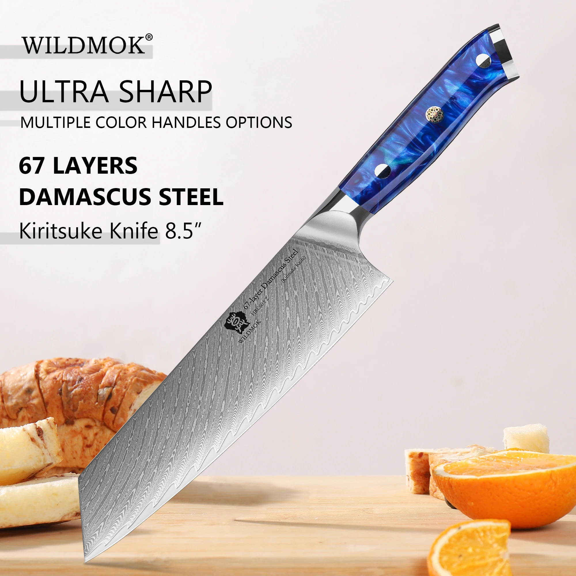 WILDMOK 8 Inch Kiritsuke Knife, Hand Forged Damascus VG10 Steel Blade, Resin Handle Well-Balanced Kitchen Cutting Tool