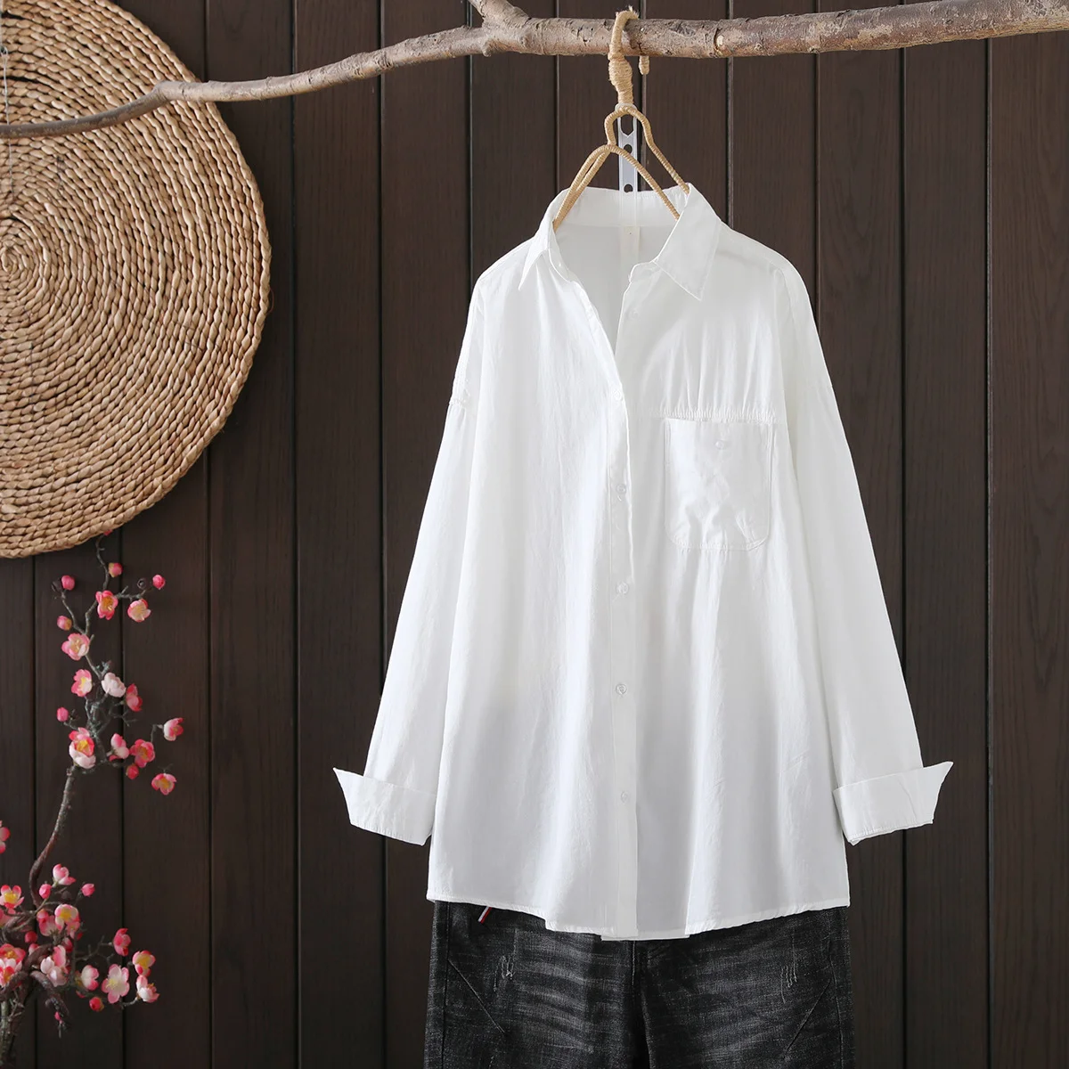 

Autumn Long Sleeve 100% Cotton White Blouse Women Japan Style Loose Shirt Blouse Office Lady Button Shirt Top Clothes Blusas