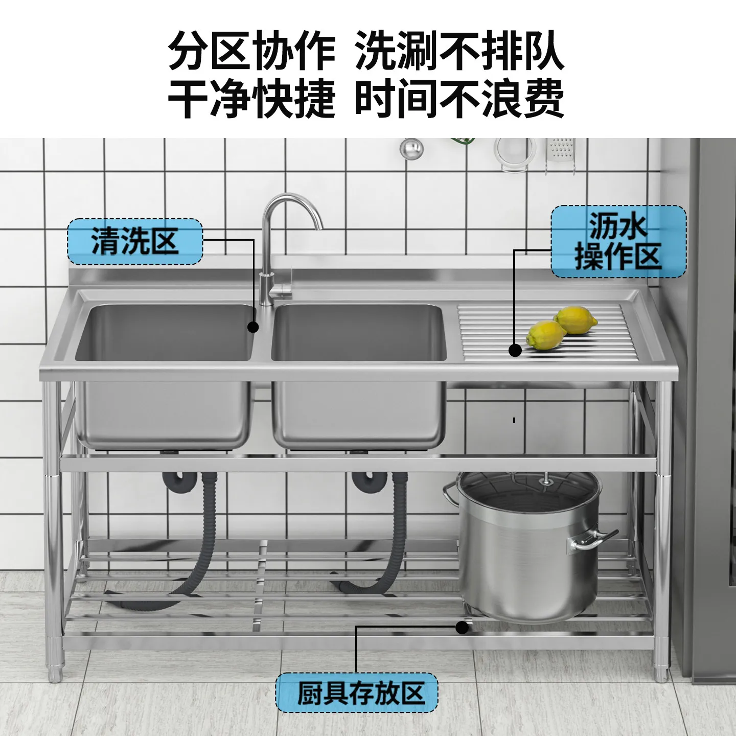 Commercial handmade stainless steel sink, large double basin with bracket, thickened kitchen with stall plate, integrated platfo