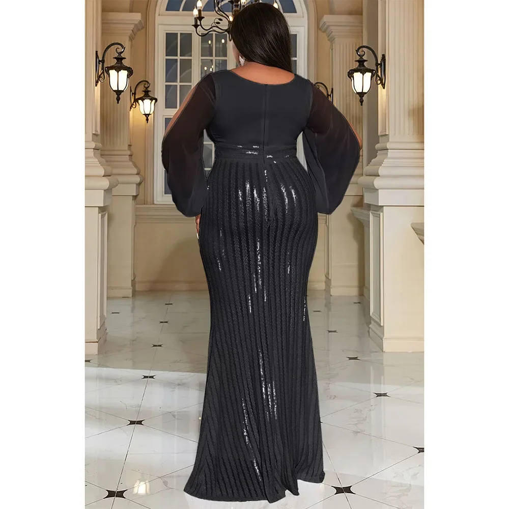 Plus Size Black Formal V-Neck Split Sleeve Mermaid Sequin Evening Maxi Dress