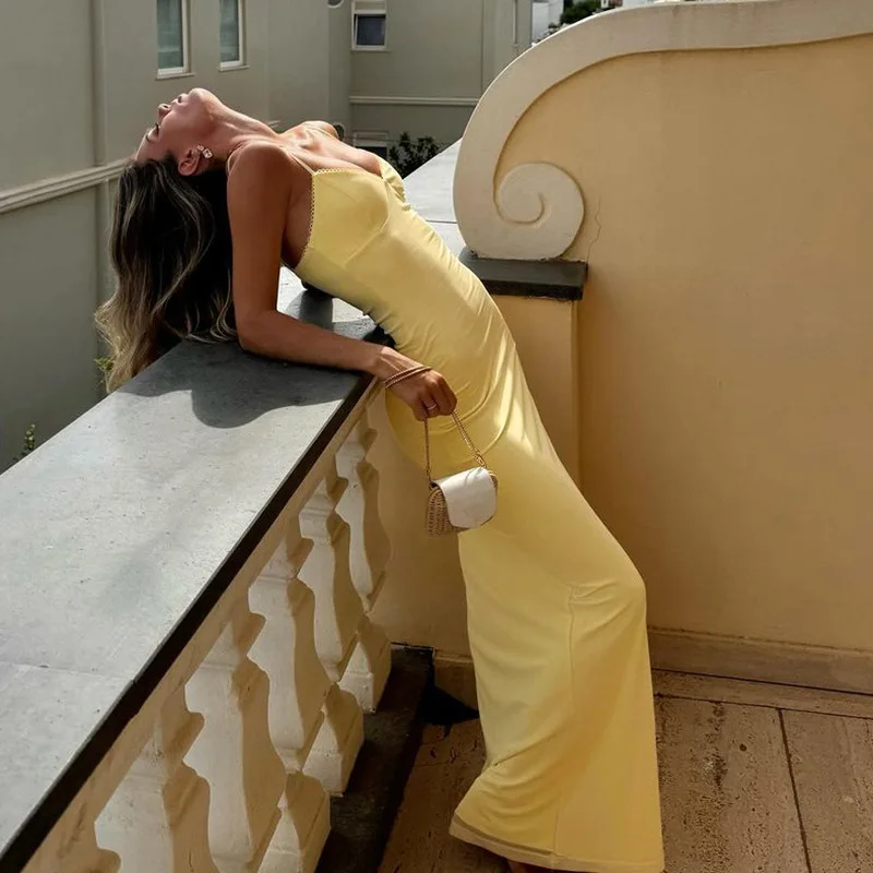 Letnia sukienka INS Fashion damska Slim Fit długie sukienki sukienka bez rękawów dekolt w serek żółta koszula imprezowa eleganckie estetyczne ubrania Y2k