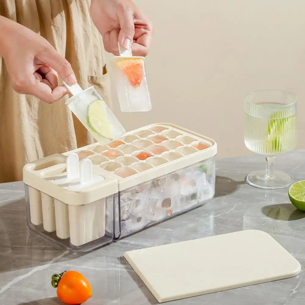 

Ice Tray with Sealed Cover Capacity Ice Tray Double Layer Ice Cube Tray with Lid Scraper 24 Cavities Food Grade Mold for Easy