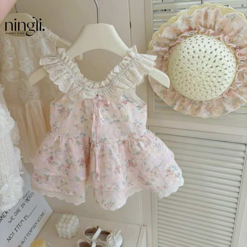 

Includes Hat Sakura Weaving Flower Feather～Girls' Summer Sweet Little Flutter Sleeve Gentle Floral Lace Dress