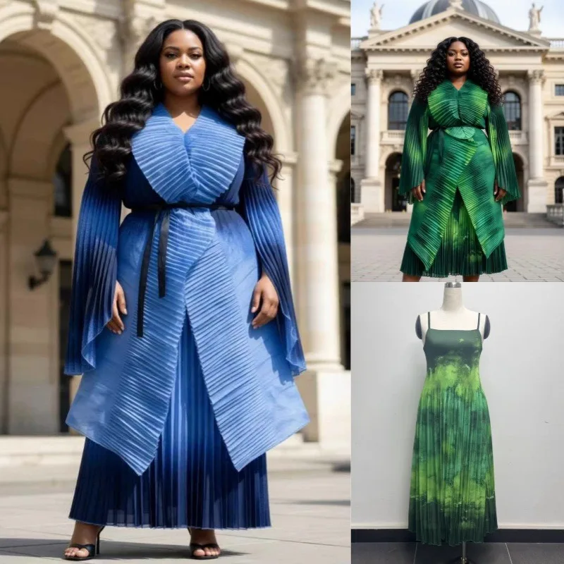 

Miyake плиссированный европейский кардиган больших размеров, женская новая мода, элегантный топ нестандартной формы, юбка-бретелька, комплект из 2 предметов, африканский выпускной