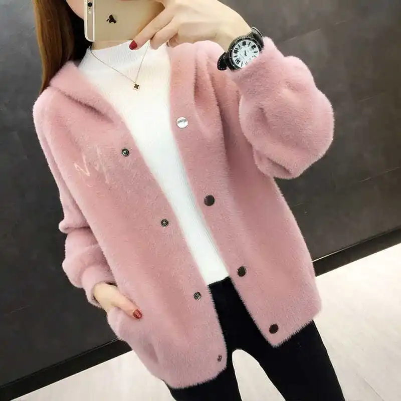 2022 New Hooded Thick Imitation Mink Fleece Sweater Short Coat Women Knitted Cardigan Tops