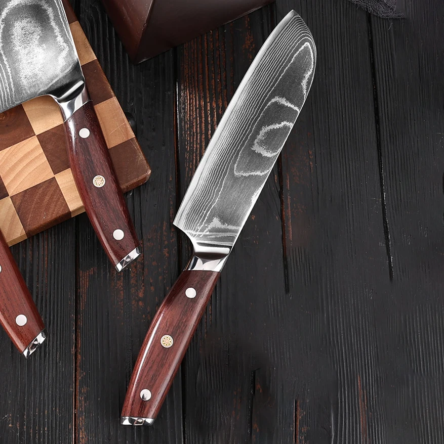 

7,4-дюймовый нож Santoku, 67-слойная дамасская сталь, лезвие 10Cr15CoMov, ручка из палисандра, нож шеф-повара для нарезки, японский кухонный нож