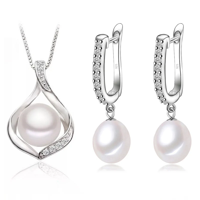 

Real Natural Freshwater Pearl Necklace and Earrings Set For Women,Cute 925 Sterling Silver Pearl Jewelry Set Mother Wife Gift