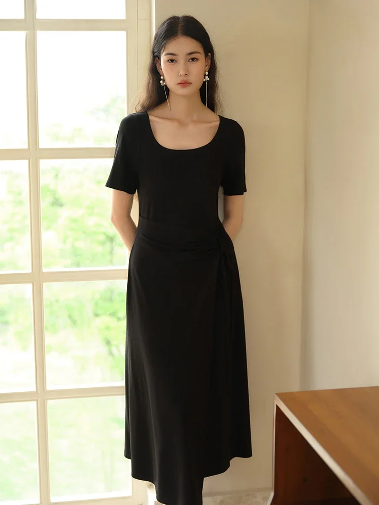 

DUSHU Women's Simple Casual Style Knitted Dress New Elegant Little Black Dress For Summer 2024 New Casual Loose Dress 24DS82558