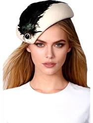 Royalblue Beret Winter Wool Felt Hats for Women Elegant Church Cocktail Party Fedoras with Feather Wedding Fascinators