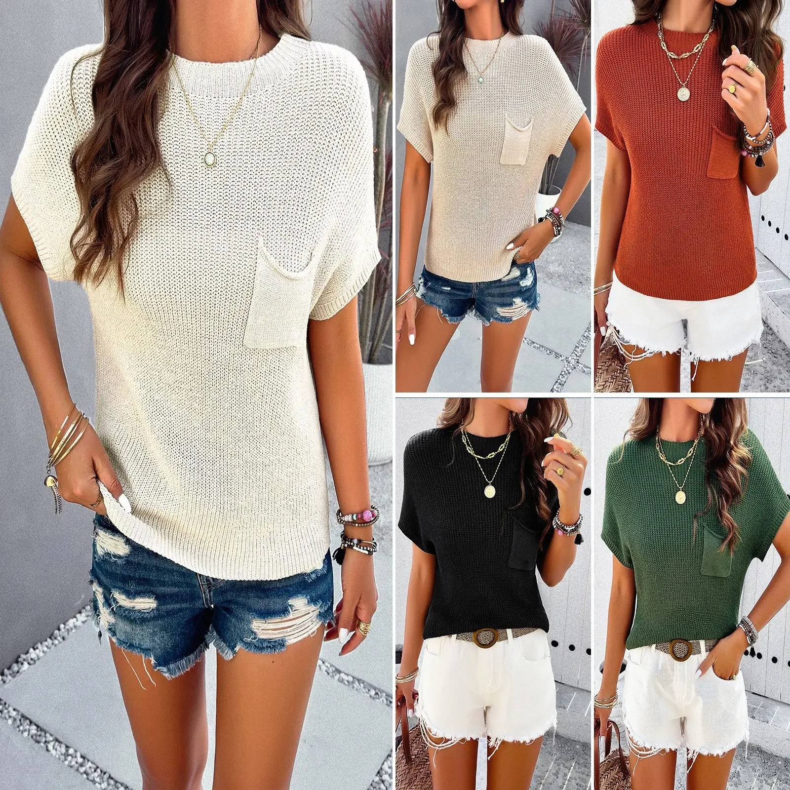 

Women's Knit Short Sleeve Tops Spring Summer Fashion Female Pocket Solid Color Pullovers Lady's Casual T-shirt Women Summer Top