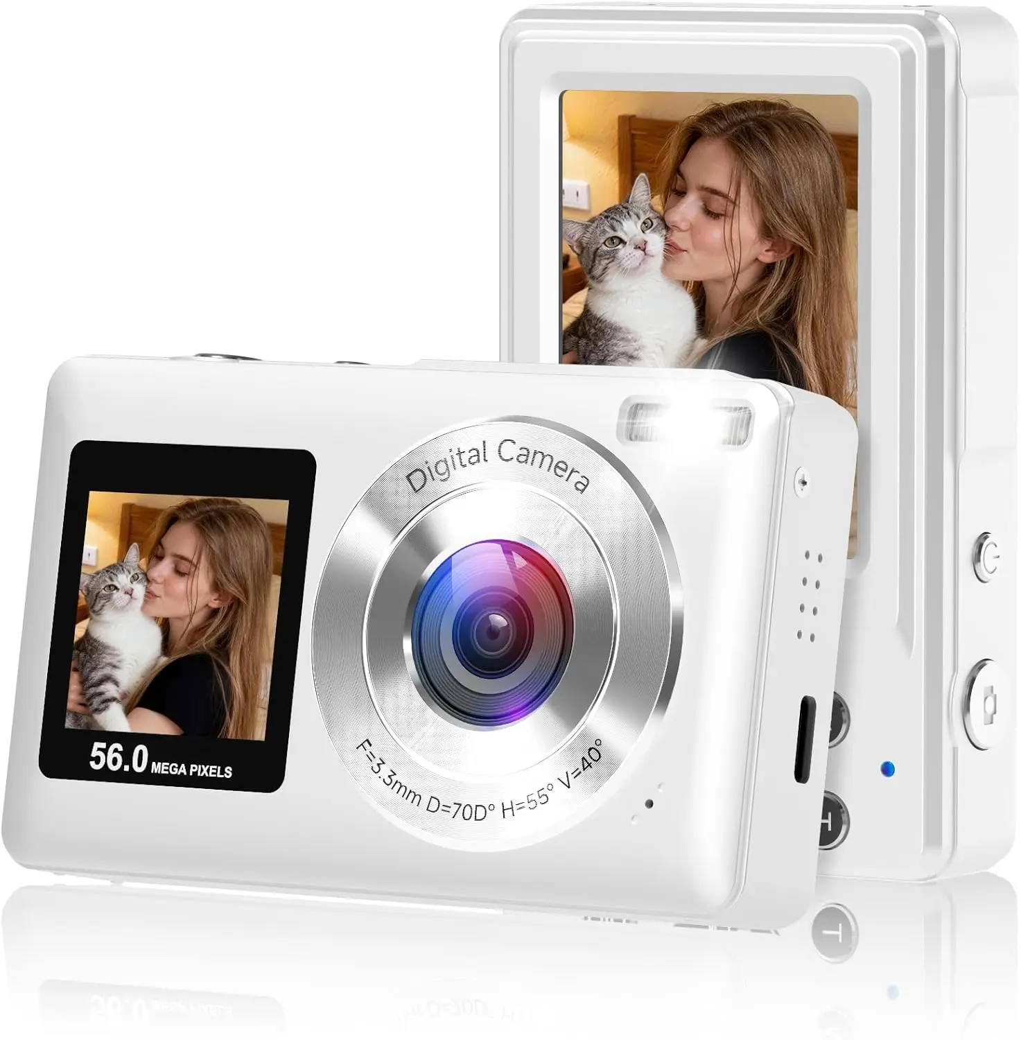 

Обновленная цифровая камера 2026 года с двумя экранами, 56 МП, с SD-картой 32 ГБ, компактная, для начинающих, детей, подростков и девочек