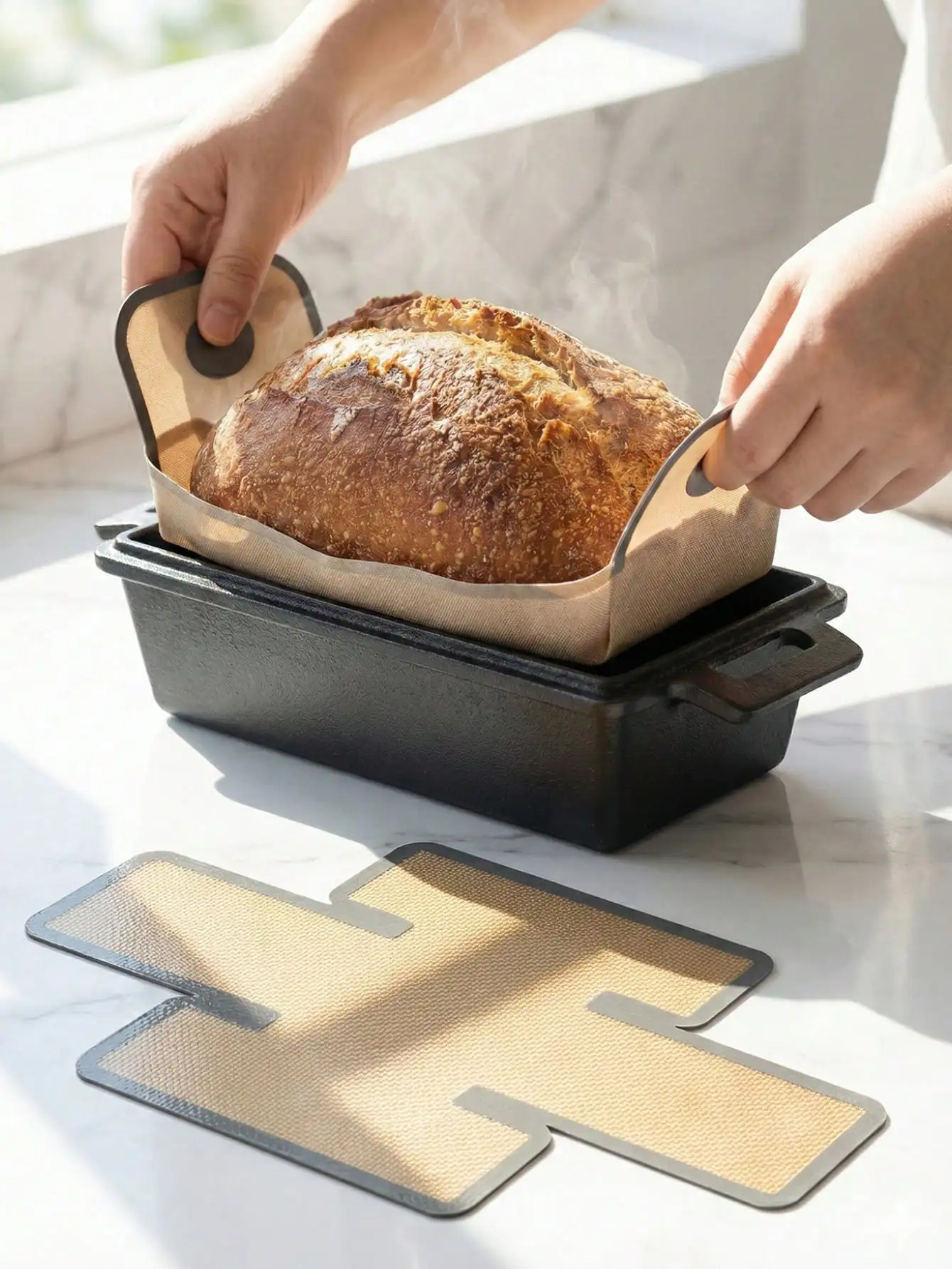 2pcs Silicone Baking Mat With Long Handle For Easy Transfer, Reusable Silicone Baking Pad, Baking Tray Liner, Bread Sling For Loaf Pan, Dough Transfer Pad Parchment Paper Alternative, Fits 9x5, 9.5x5 And 10x5 Inch Bread Baking Pans, Non-Stick & Easy To