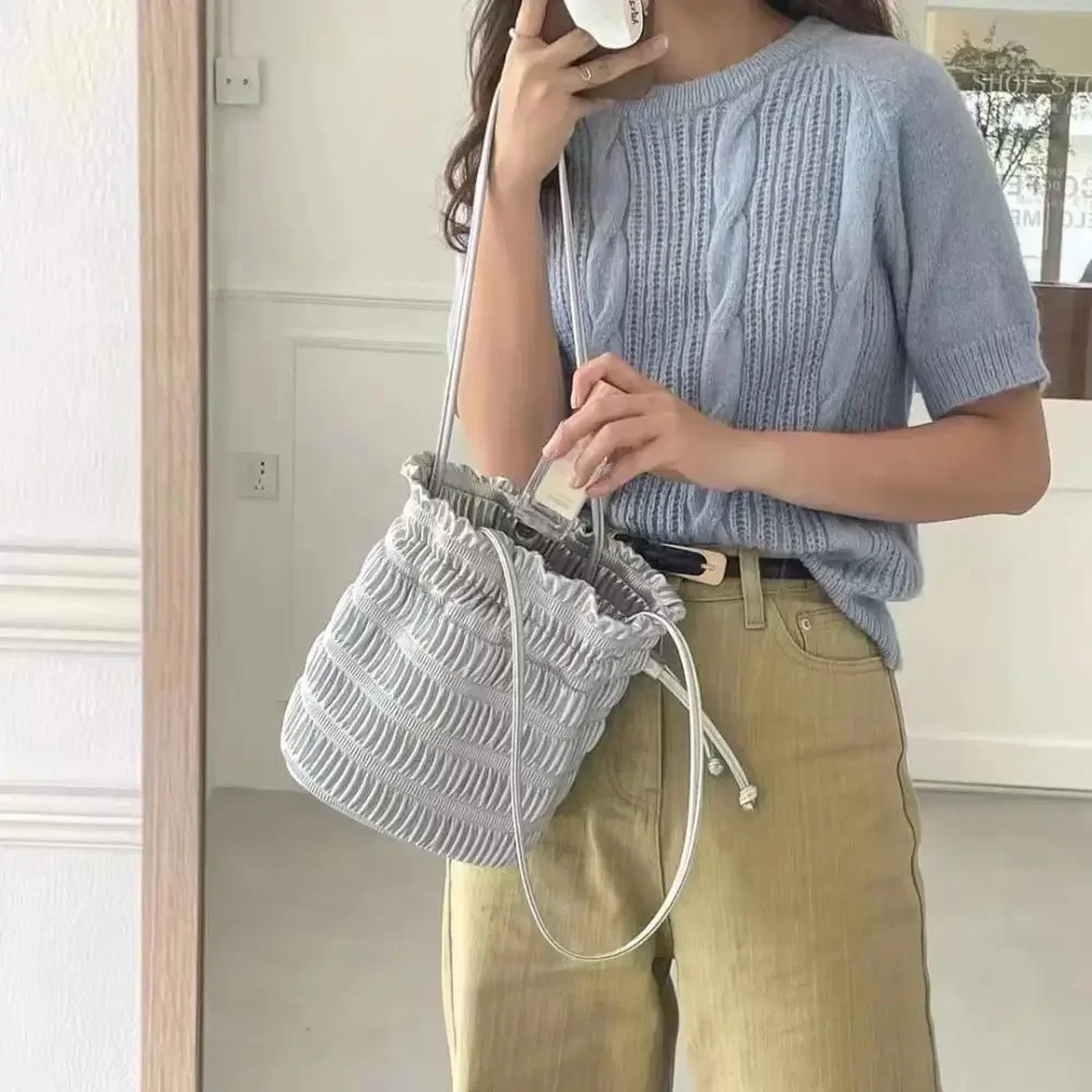 Silver Pleated Drawstring Shoulder Bucket Bags Women Designer Soft PU Leather Small Handbags Female Casual Purse Underarm Bag