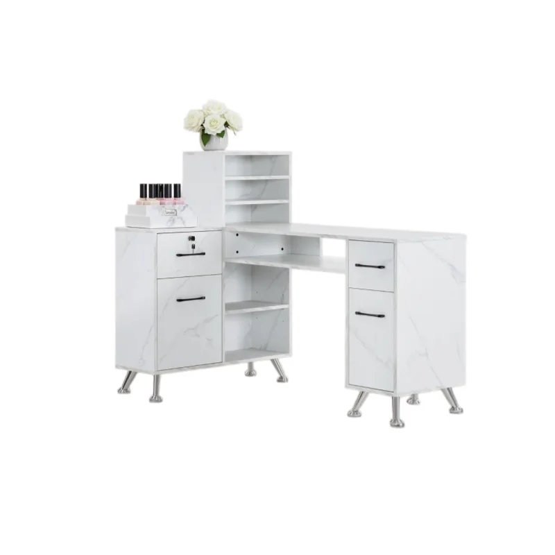 White L-shaped makeup and manicure table with drawers, storage salon corner multi-function manicure table