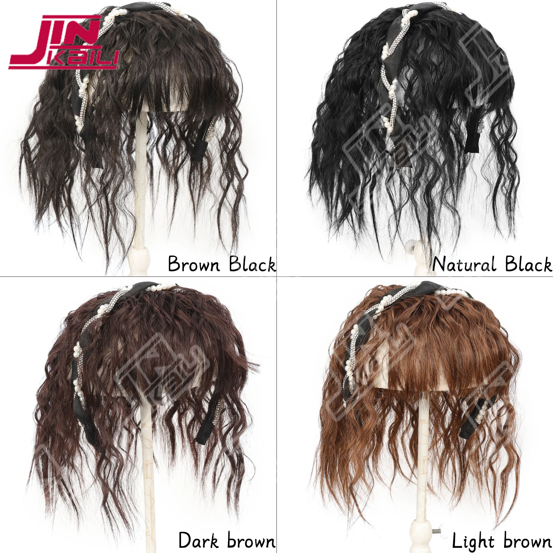 JKL هيرباند شعر مستعار الانفجارات شعر مستعار أنثى واحدة شعر مجعد طبيعي مغطى الشعر الأبيض على الجزء العلوي من الرأس قطعة شعر مستعار رقيقة الانفجارات #4