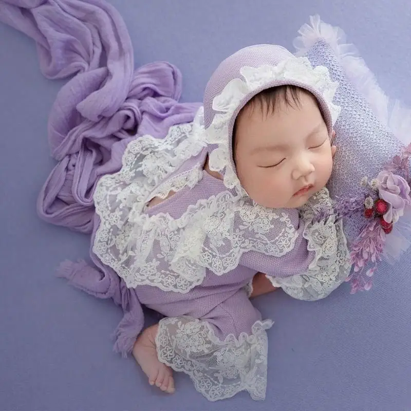 CORB Breathable Newborns Picture Taking Outfit Soft Lace Romper and Matching Lace Hat