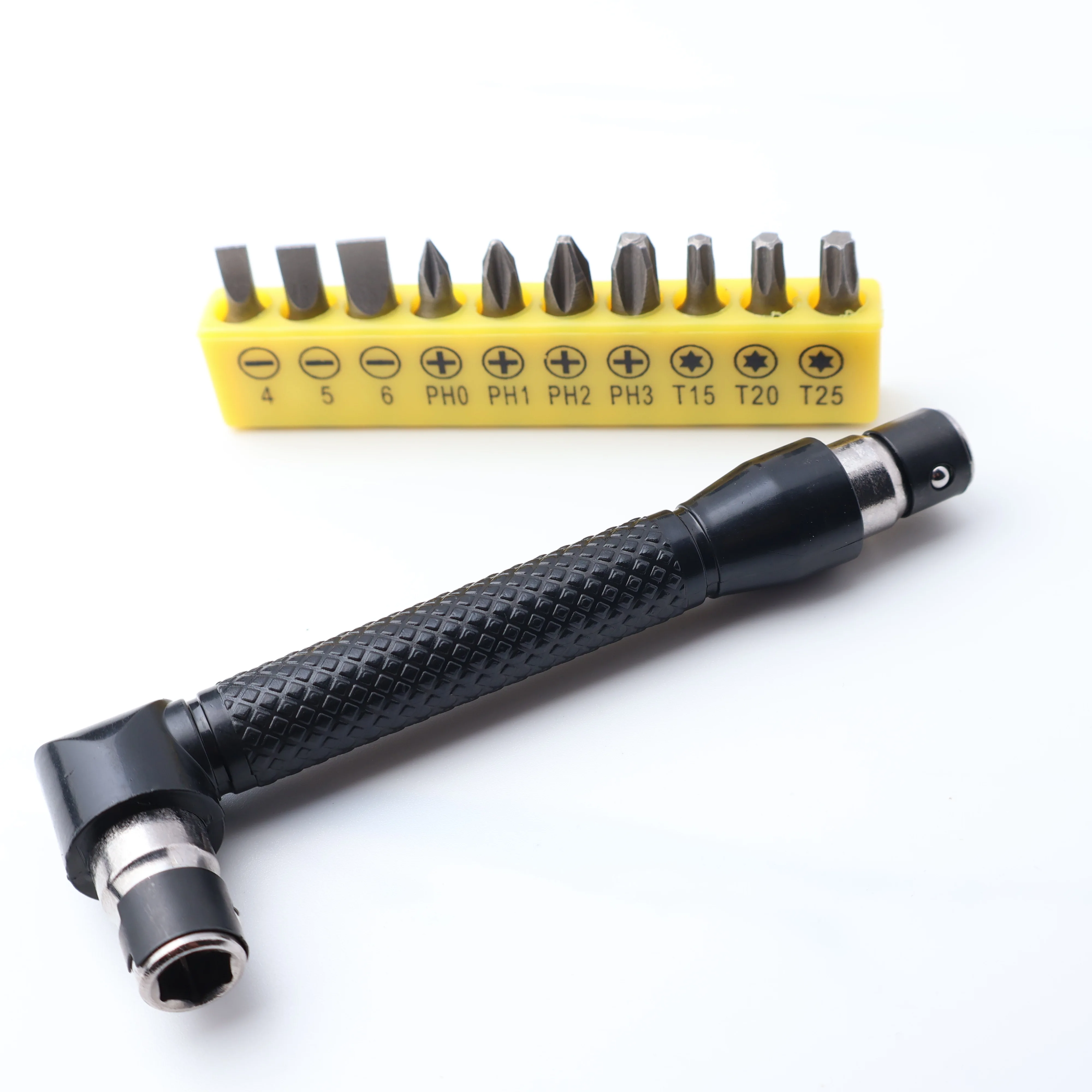 1pc Black L Shape Handle with 10pc Screwdriver Bits in Yellow Holder 90 Degree Double Head Hex Shank Tool Set for Tight Spaces