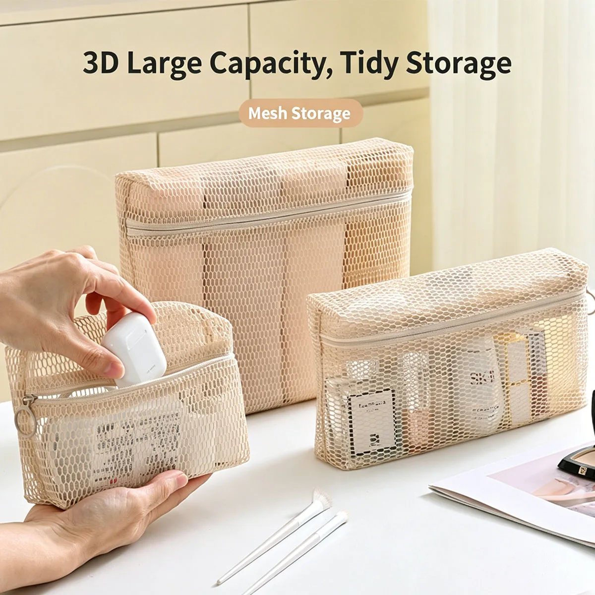 Mesh Zipper Storage Bag Portable Toiletry Makeup Organizer Pouch Travel Cosmetic Pencil Case Digital Cable Sundry Divider Bags