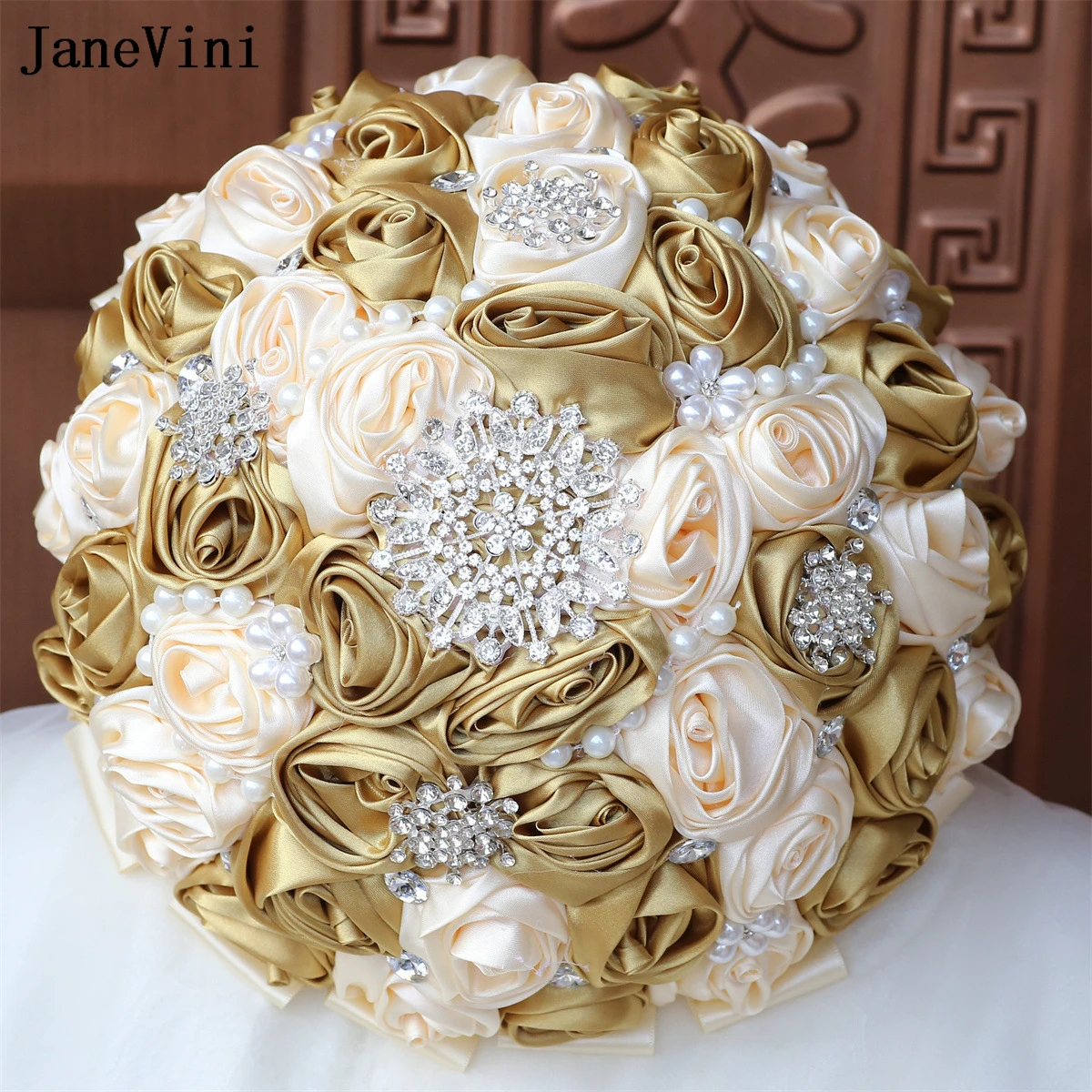 

JaneVini Sparkly Diamond Light God Bridal Bouquets Artificial Satin Roses Crystal Pearls Graduation Bouquet Wedding Accessories