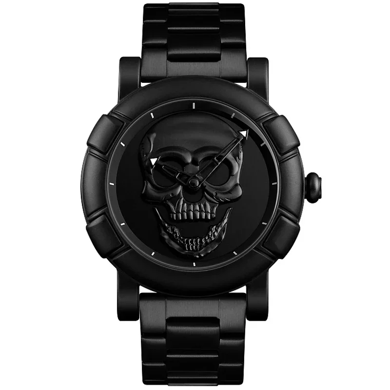 Black Gold Dial Quartz Watch Men 3D Skull Head Pattern Stainless Steel Steampunk Rock Engraved Cool Mexico Man Male Reloj Hombre