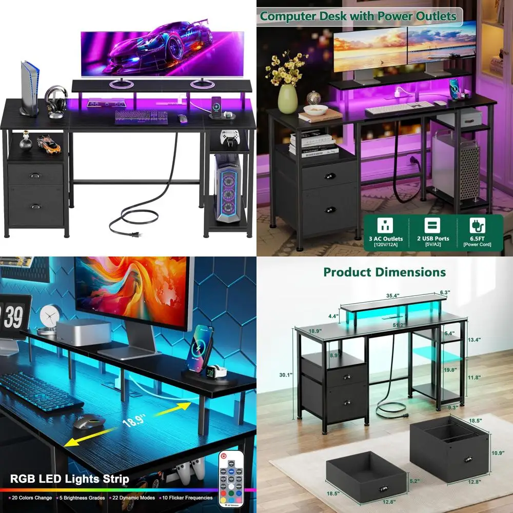 Gaming Desk with LED Lights and Power Outlets, Reversible Desk with File Cabinet and Monitor Stand for Home Office Use